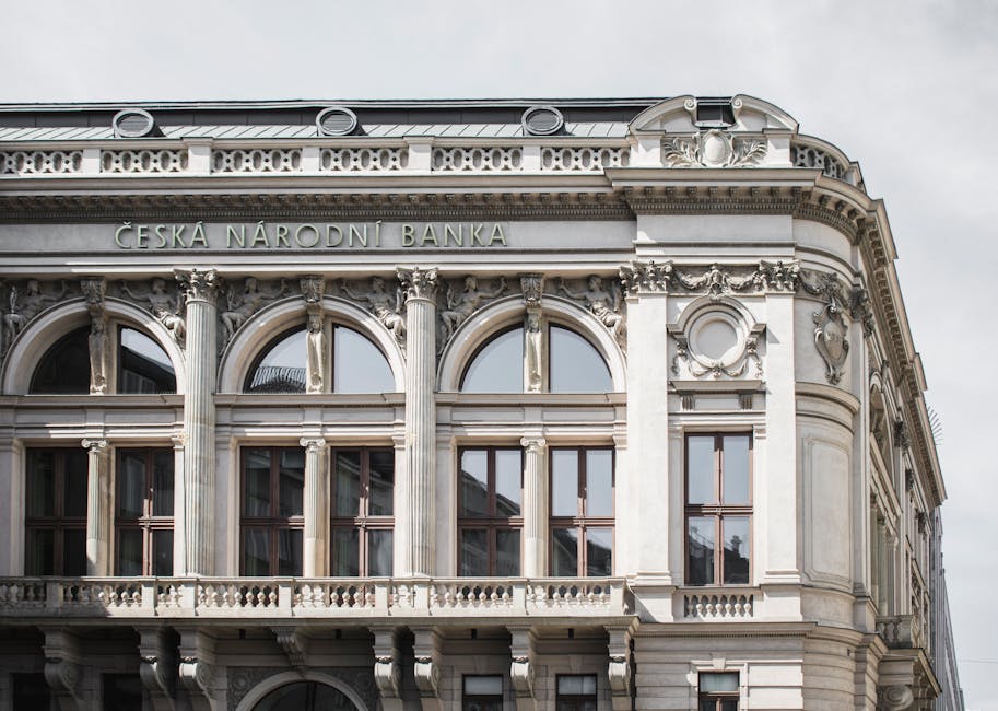 Elegant exterior of Česká Národní Banka showcasing classic architecture in Prague, Czech Republic.
